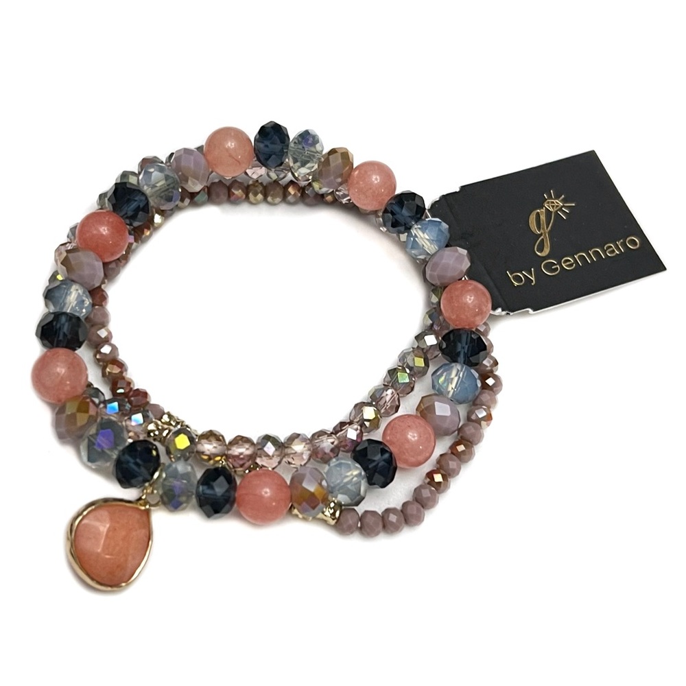 Set of 3 Beaded Stretch Bracelets Rose Pink Multicolor Faux Stone - Picture 2 of 5